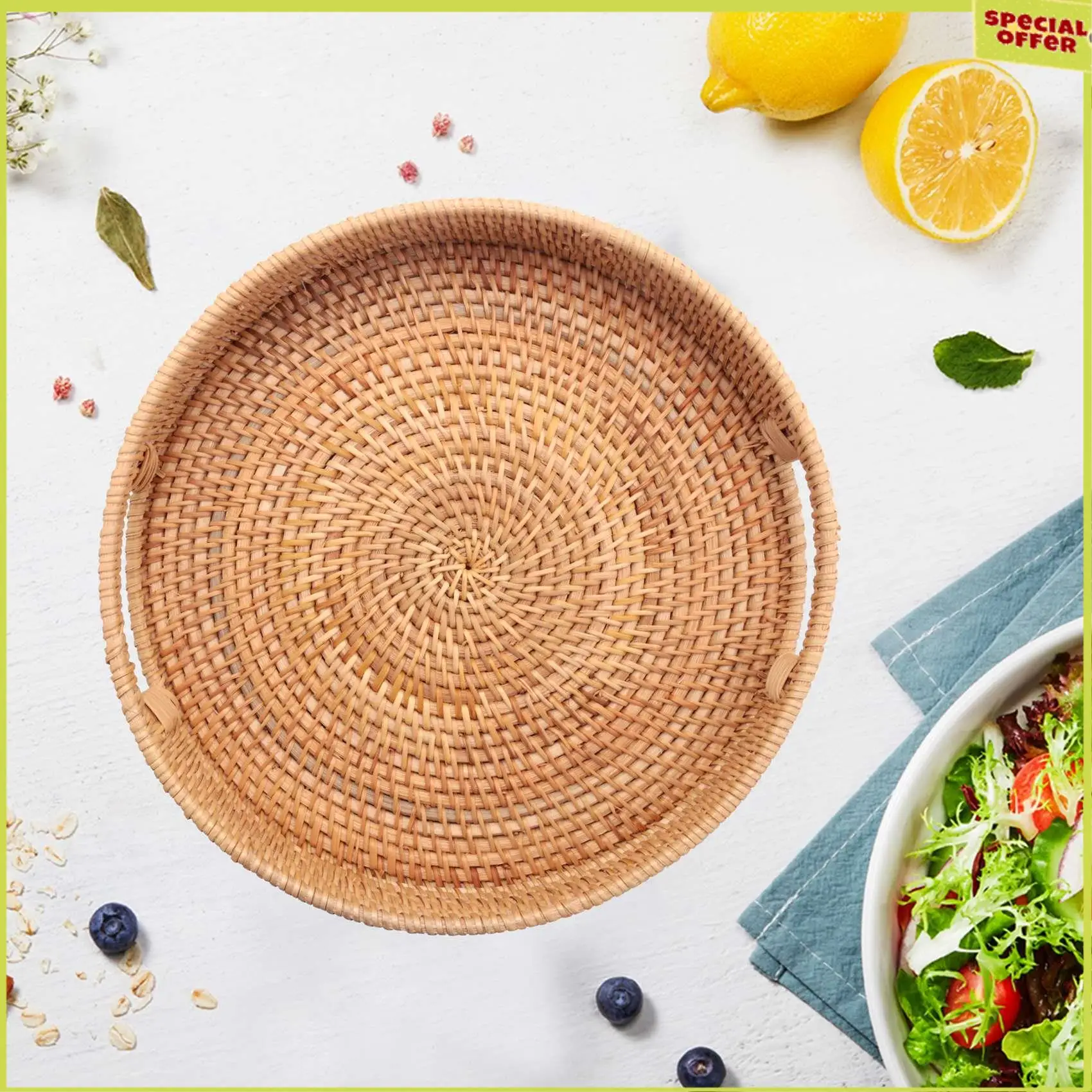 

A34R Round Rattan Woven Serving Tray With Handles Ottoman Tray For Breakfast, Drinks, Snack For Coffee Table, Home Decorative