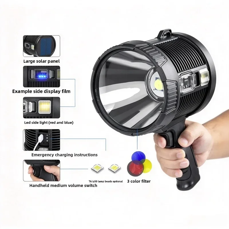 Rechargeable Handheld Searchlight Solar Flashlight With Side Warning Light Power Bank Function For Outdoor Camping Rescue