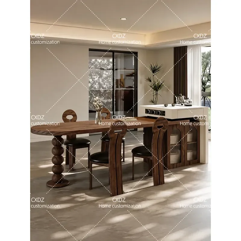 French Style Black Walnut Wood Grain Multi Functional Retractable Island Table for Small Apartment Living Room Dining Room