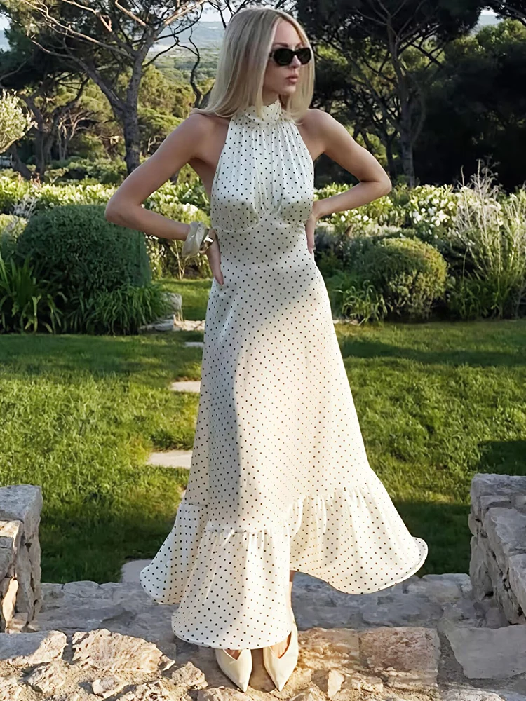Polka dot ruched plissado sexy midi vestido feminino moda halter sem mangas sem costas cintura alta clube vestidos longos bodycon vestido