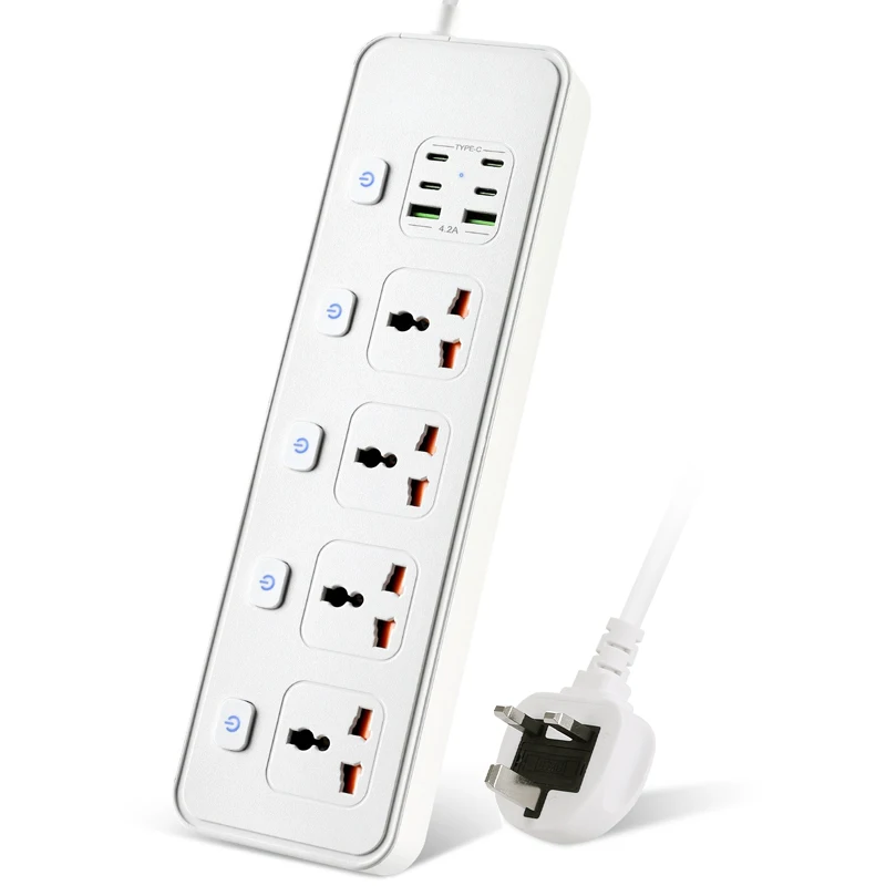 

4AC Output Universal Power Strip with USB and Type-C Ports EU UK Plug 2M Extension Wire Independent Switch Power Socket Board