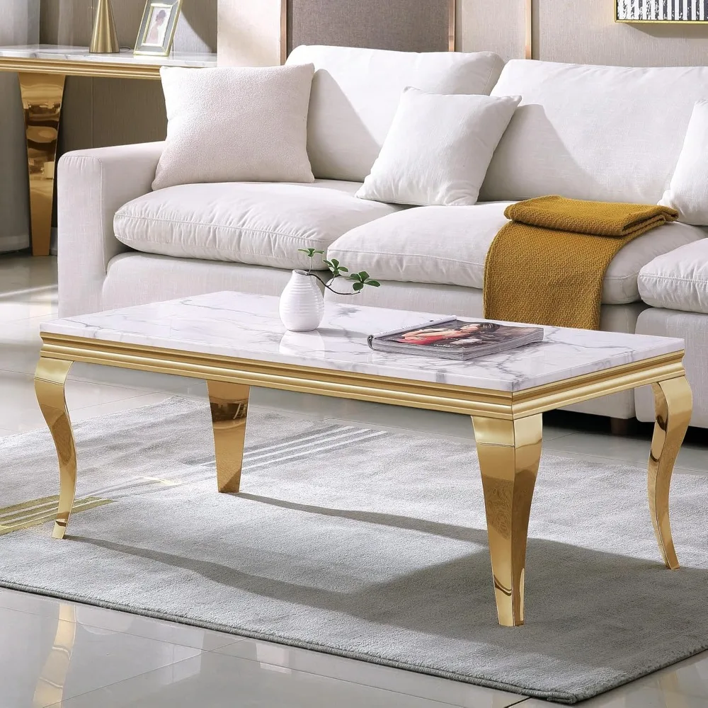 Rectangular Faux Marble Coffee Table for Living Room Modern Luxury White Marble Center Table with Gold Curved Legs 46.8 Mid-Ce