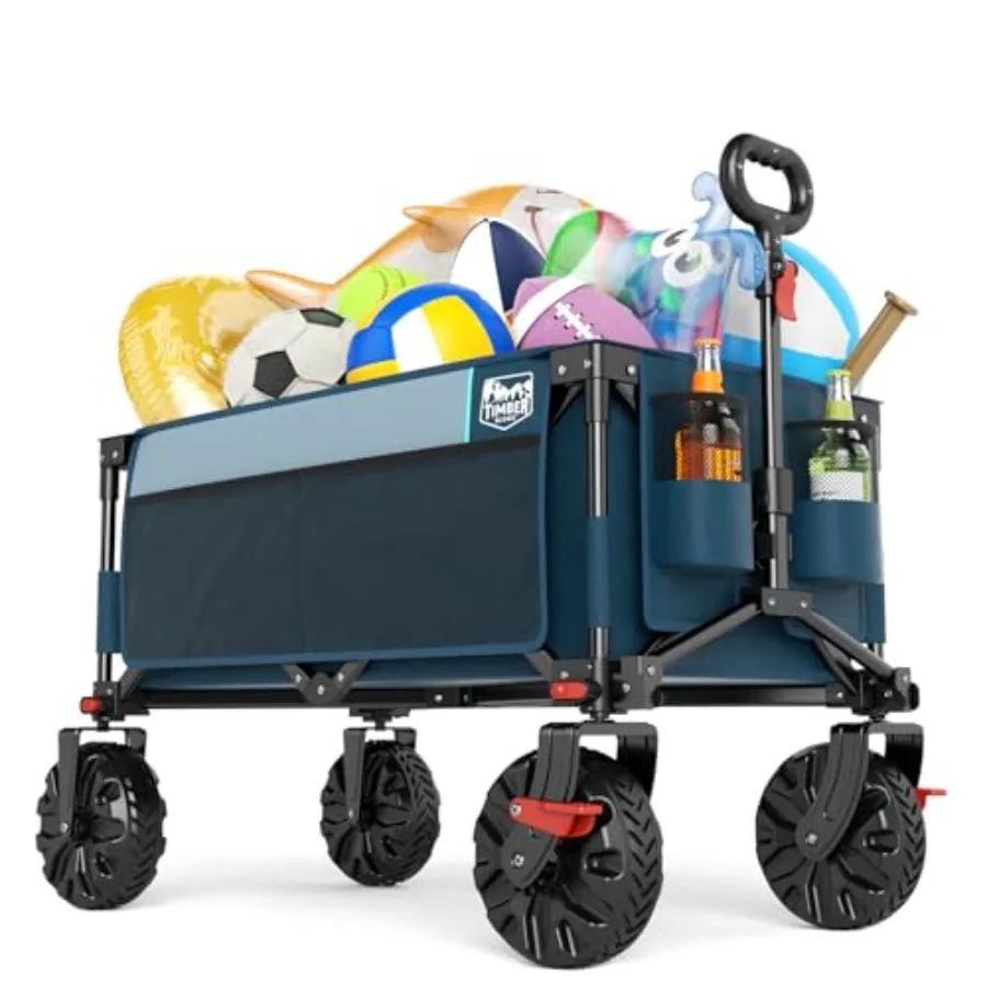 

Складная тележка для улицы с тормозами, усиленными колесами для любой местности, для покупок, кемпинга, сада, синяя, с боковой сумкой и держателем для стакана