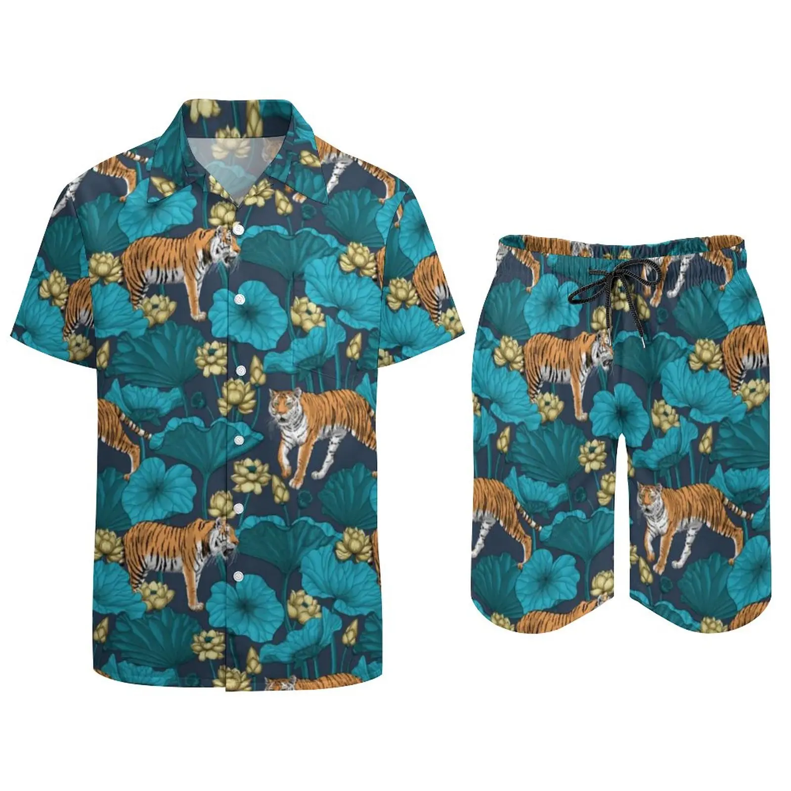 Yellow Tiger Men Sets Lotus Pond Leaf Casual Shirt Set Fashion Beachwear Shorts Summer Graphic Suit 2 Piece Clothing Plus Size