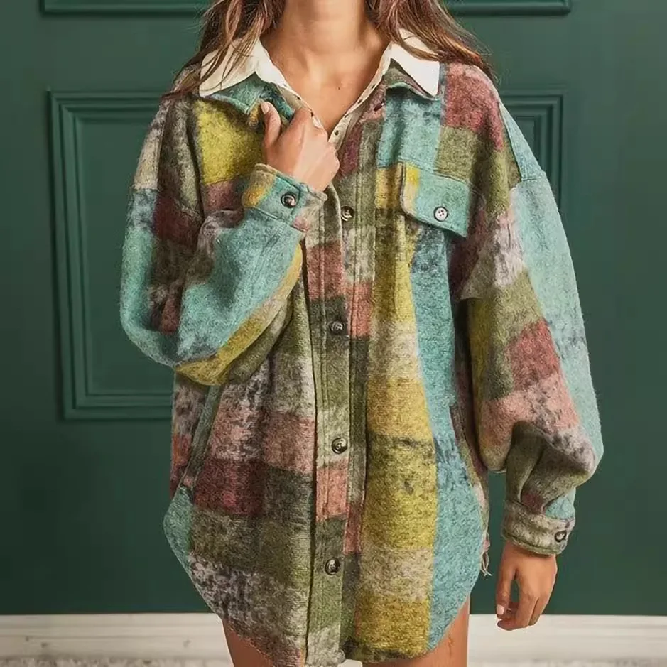 Women Oversized Colorful Plaid Shacket Vintage Lapel Button Down Long Sleeve Pocket Loose Jacket Fall Winter Coat