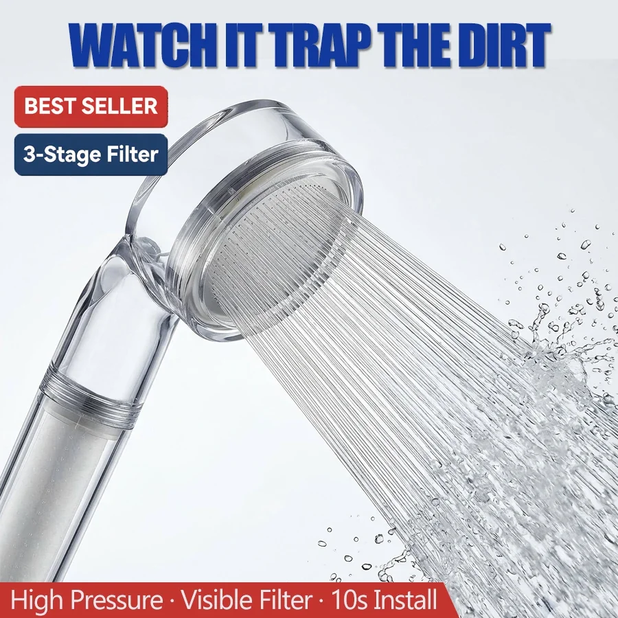 Filtered Shower Head High Pressure Handheld 3 Stage Water Filter Chlorine Removal Transparent Showerhead Bathroom Boost Water Sa