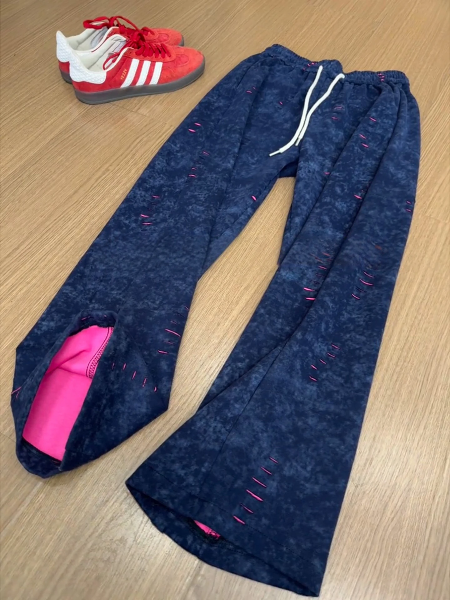 

Retro American Blue adient Dye Hole Wide Leg Pants Casual Men's Faion Loose Fit Trousers Spring Autumn Straight Tube