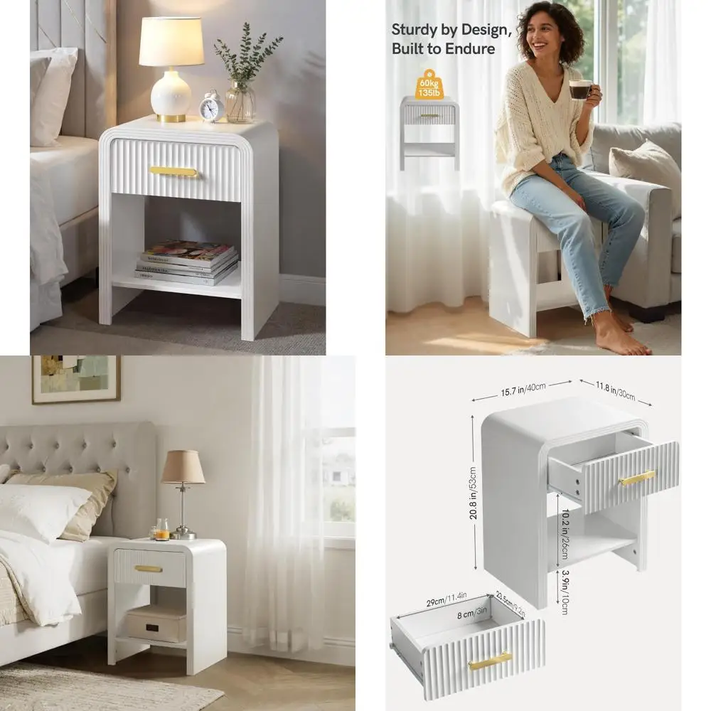 

Mid Century Modern Fluted Nightstand - White and Gold Bedroom Bedside Table with Storage Organizer for Nightstands