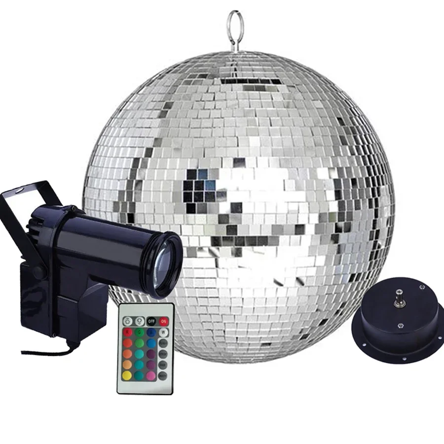 bola giratoria do espelho da discoteca com feixe rgb lampada pendente luz do estagio casamento festa de natal diametro 15cm 20cm 30cm 10w 01