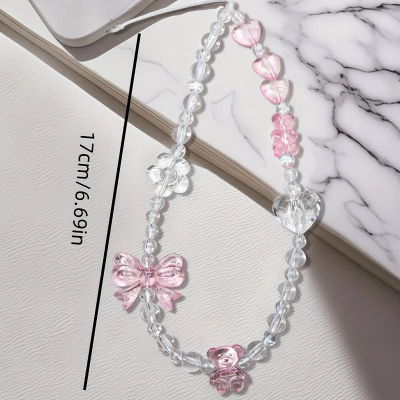 Korean Cute Pink Bowknot Bear Heart Beaded Phone Chain Charm Lanyard For iPhone Samsung Hanging Rope Girl Jewelry Decoration