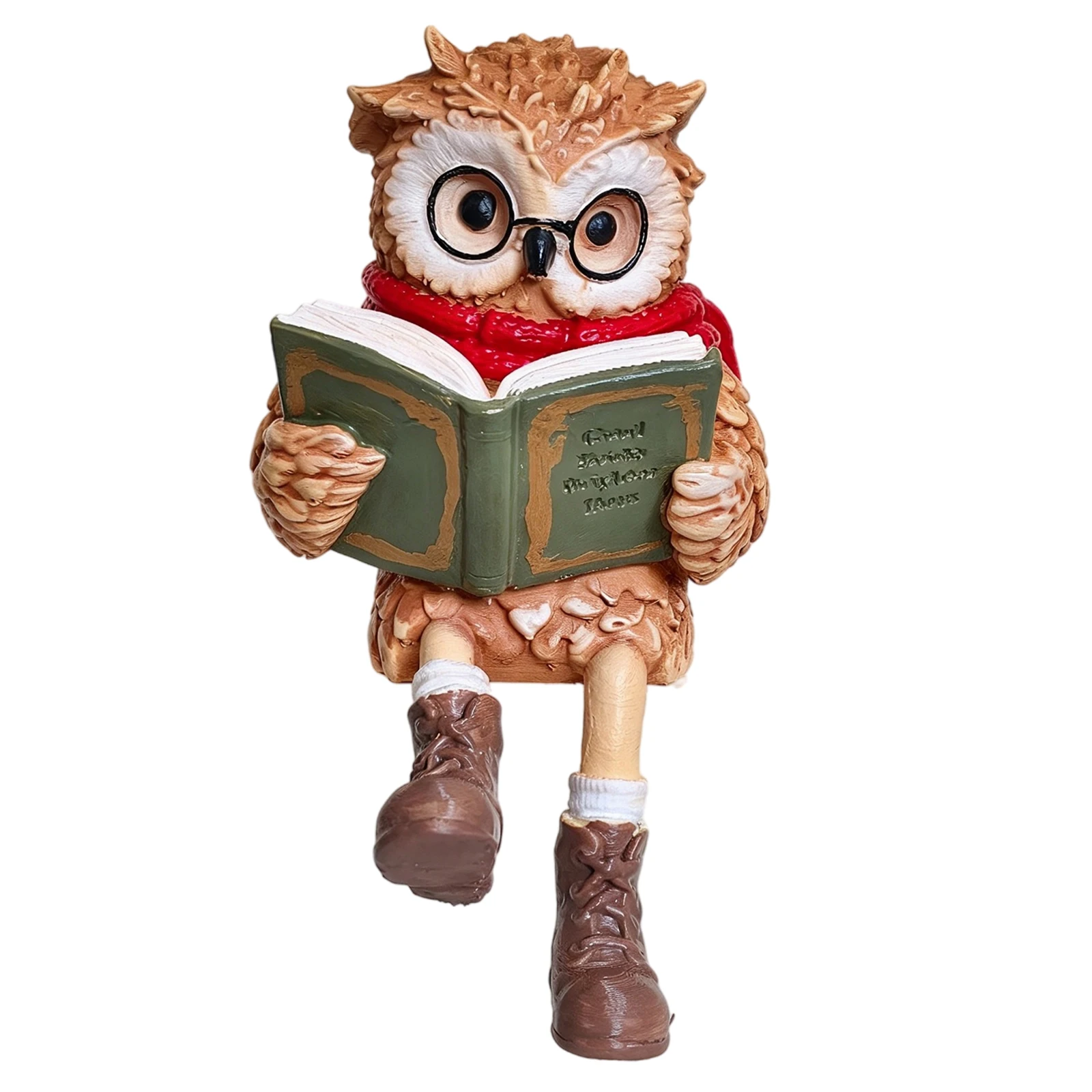 Sitting Reading Owl Resin Figurine Dangling Boots Scarf Glasses Handcrafted Shelf Sitter Bookshelf Home Decor 7.87in