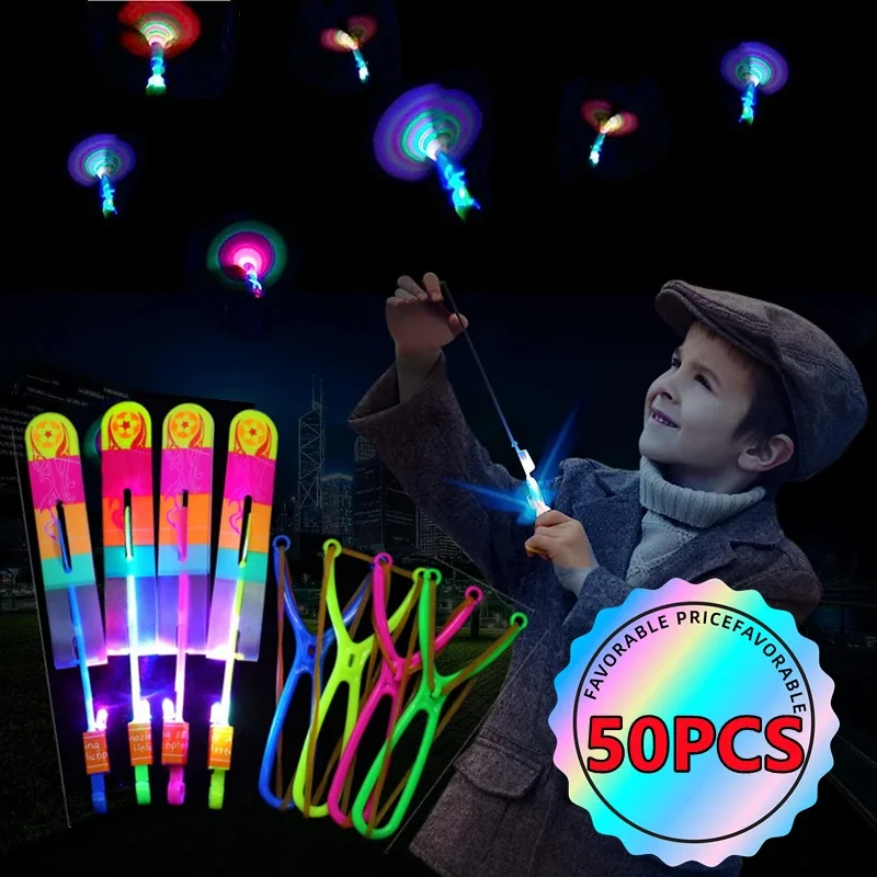 

2026 New 1/10/30/50pcs Amazing Light Toy Arrow Rocket Helicopter Flying Toy LED Light Toys Party Fun Gifts Rubber Band Catapult