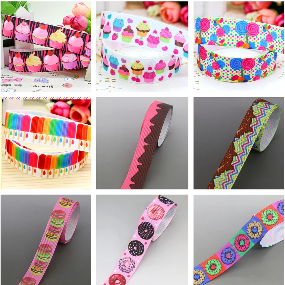 DHK 7/8'' 5yards Fruit Cake Donuts Lollipop Printed Grosgrain Ribbon Accessories Material Decoration DIY Sewing Craft C2659