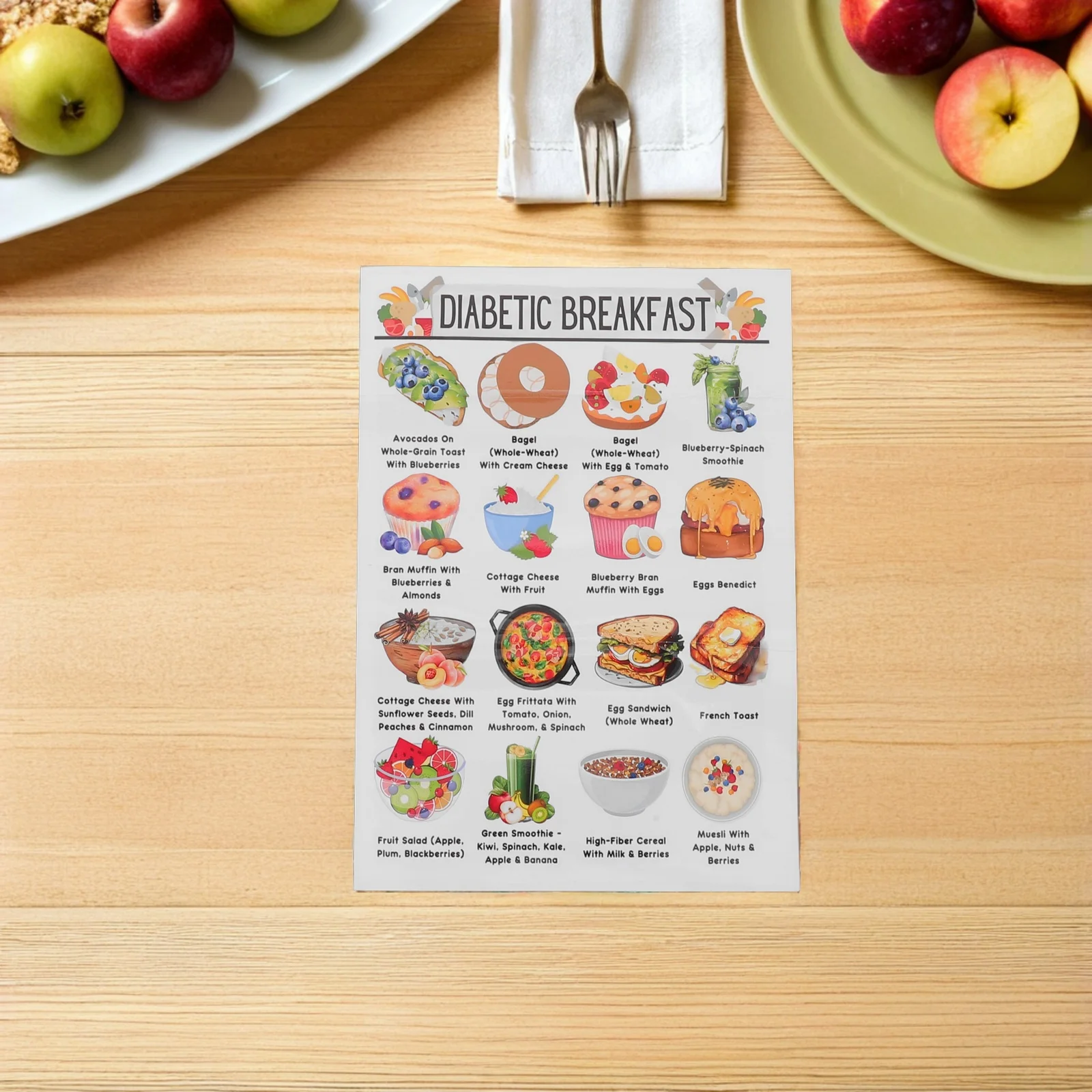 Juego de 3 Pósters de Alimentos para Diabéticos, Diseñados por Nutricionistas, Guía Diaria de Comidas para Diabéticos, Planificador de Compras para Cocina, Dieta Baja en Calorías, Saludable