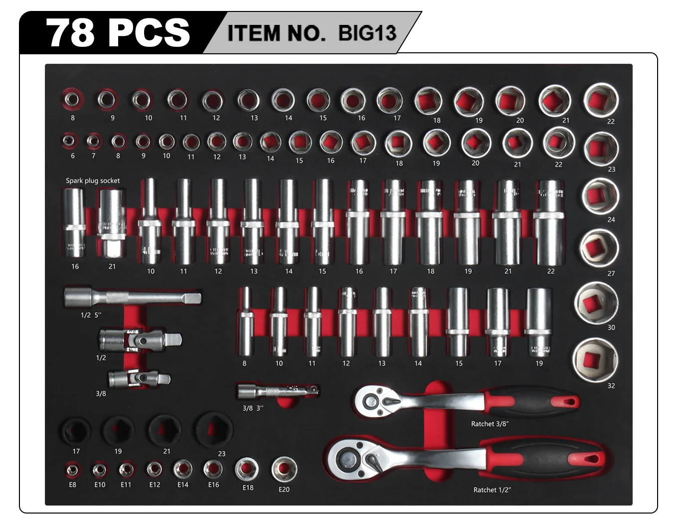 

78PCS Deep Socket Ratchet Handle Wrench Tool Set OEM for Auto Repair Tool Cabinet Troelly Tray