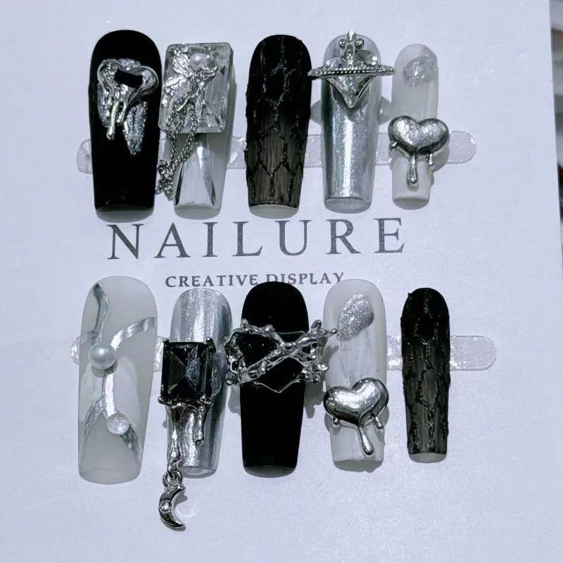 Handmade Long Press on Nails for Girls Black Gothic Punk Style Fake Nails Set with Glue Prosthetic Nail Set with Box and Tools