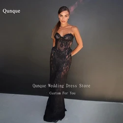 Qunque Black Prom Dress With Pocket Mermaid Evening Dress Customized Elegant Lace Girls Birthday Party Dresses Vestidos De Gala