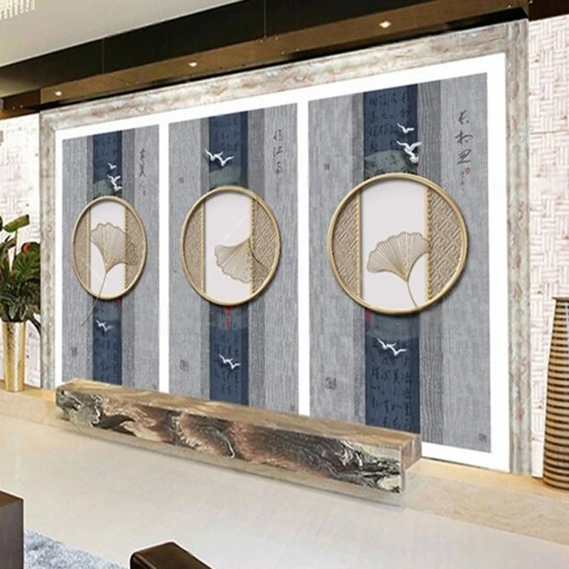 Chinese-style bookish screen-style golden relief iron art flower window ginkgo TV home decoration background wall