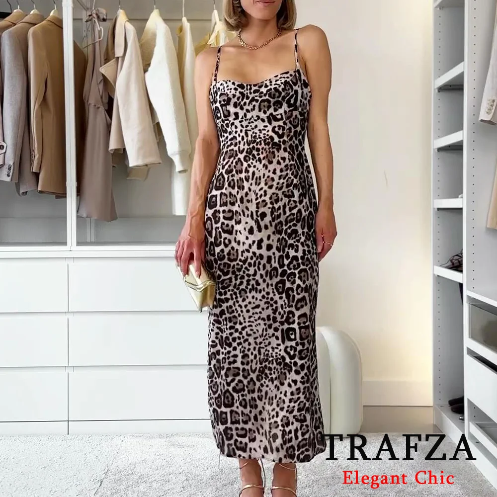 TRAFZA Vintage Leopard Print Women Dress Fashion 2024 Summer Cami Sleeveless Slash Neck Back slit Dress Elegant Party Dress