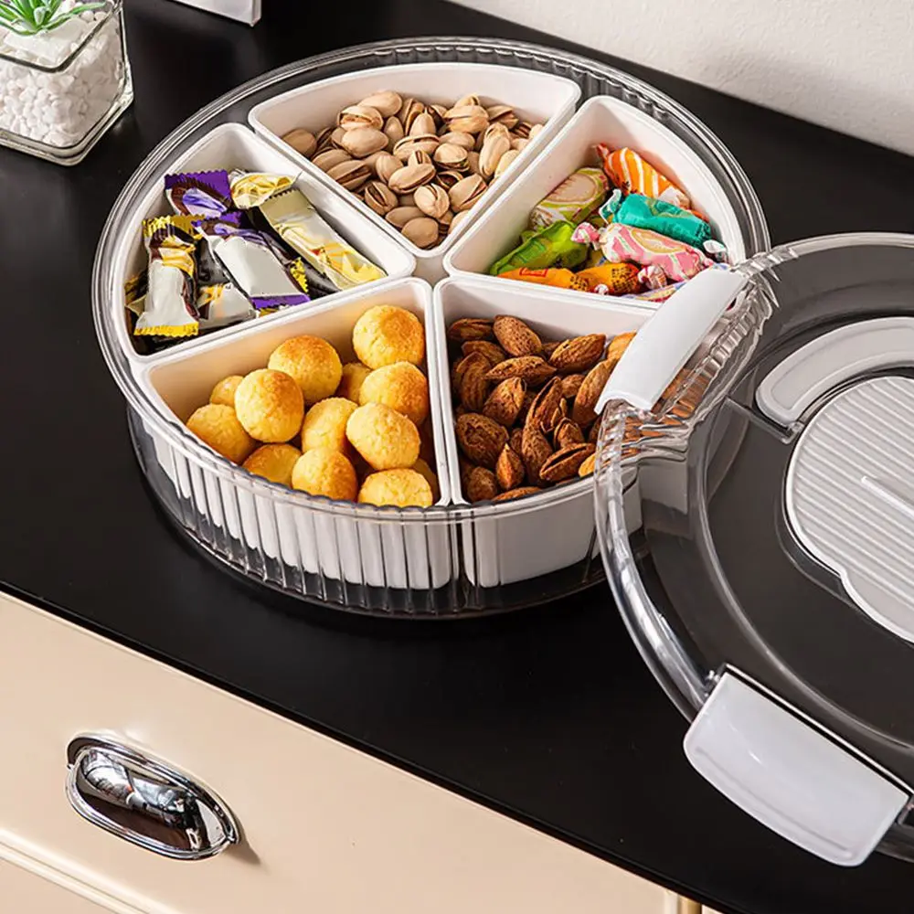Sealed Rotating Serving Tray Compartmentalized Divided Snack Storage Box Durable Phone Slot Rotatable Snack Container