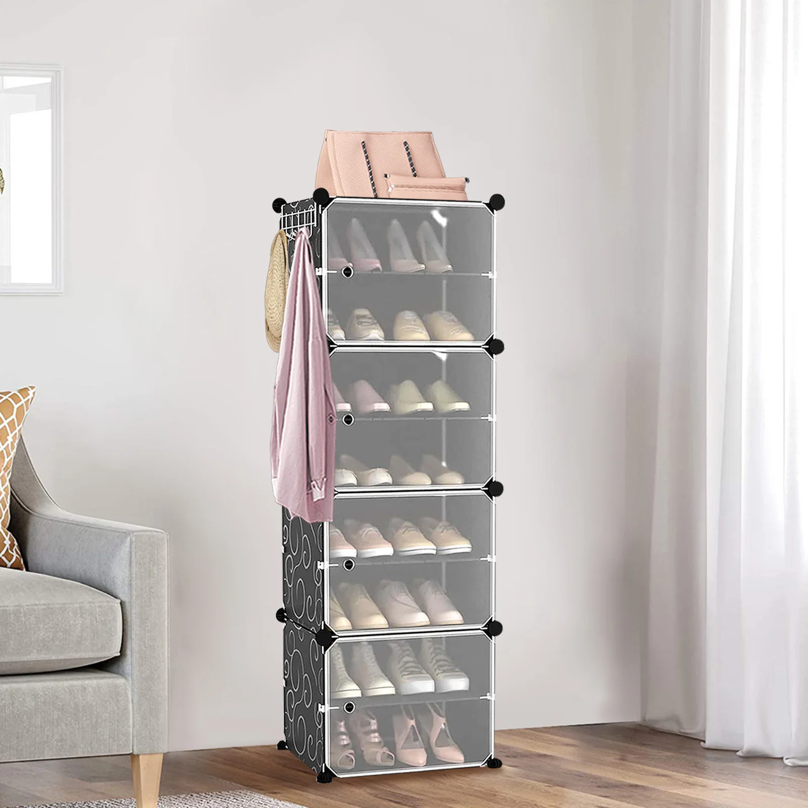 Schuhregal mit 8 Fächern, für 18 Paar Schuhe – tragbares Schuhregal, platzsparendes Schuhregal für Kleiderschrank, Eingangsbereich, Schlafzimmer (Schwarz) – Detail 2
