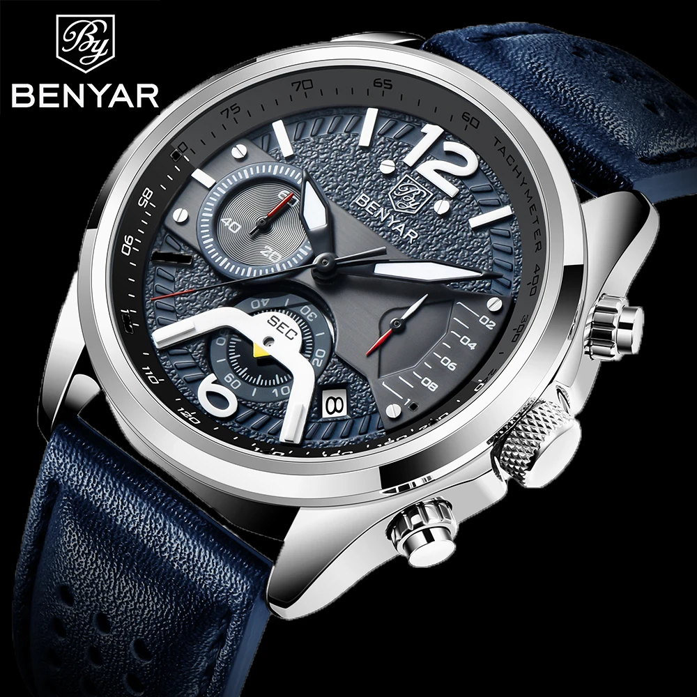 BENYAR-reloj deportivo multifuncional para hombre, cronógrafo de cuarzo y cuero, marca de lujo superior, a la moda, nuevo, 2021