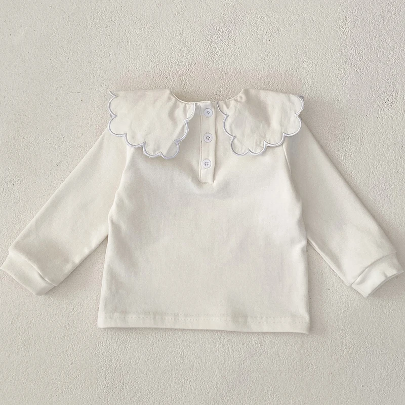 New autumn baby clothing, 0-5 year old female baby, embroidered big collar base T-shirt