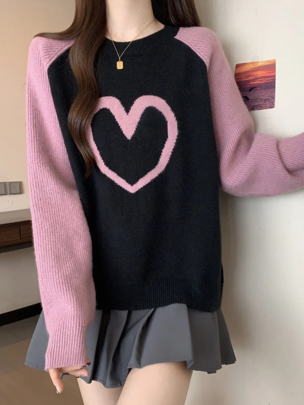 

Loose Fit round Ne Knitted Sweater Women's Autumn Winter Lazy Sle over Size Heart Pattern Turtlene Long Sve Top