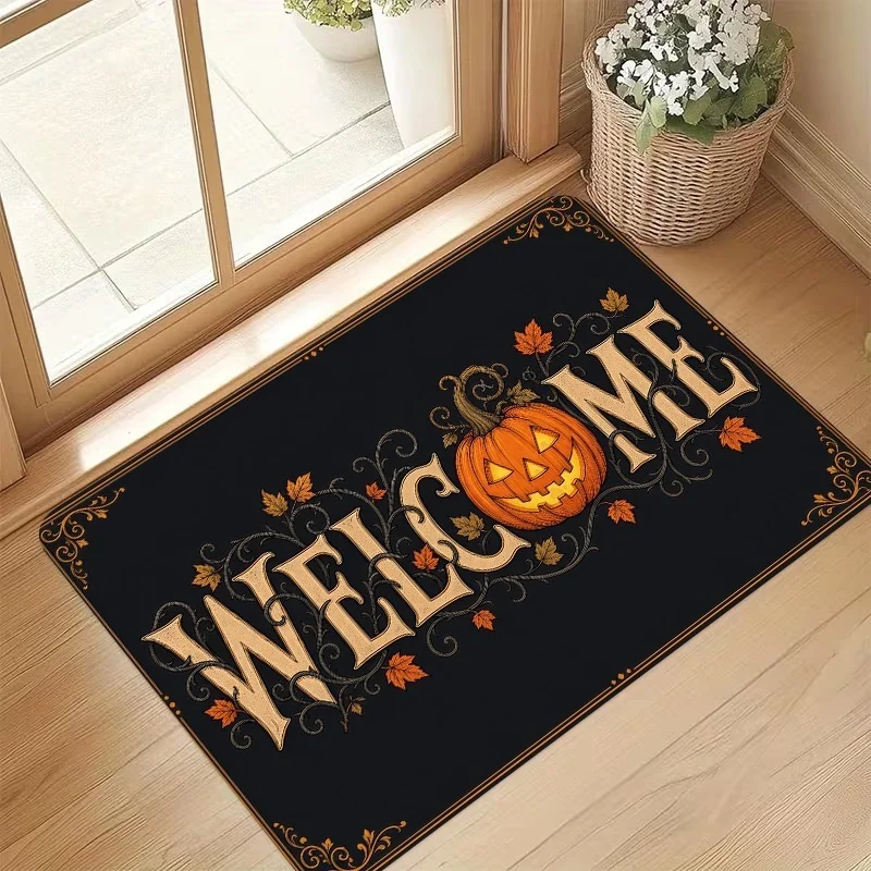 Newest Vintage Welcome Pumpkin Maple Leaf Border Black Halloween Doormat Non Slip Front Door Decor Floor Mat