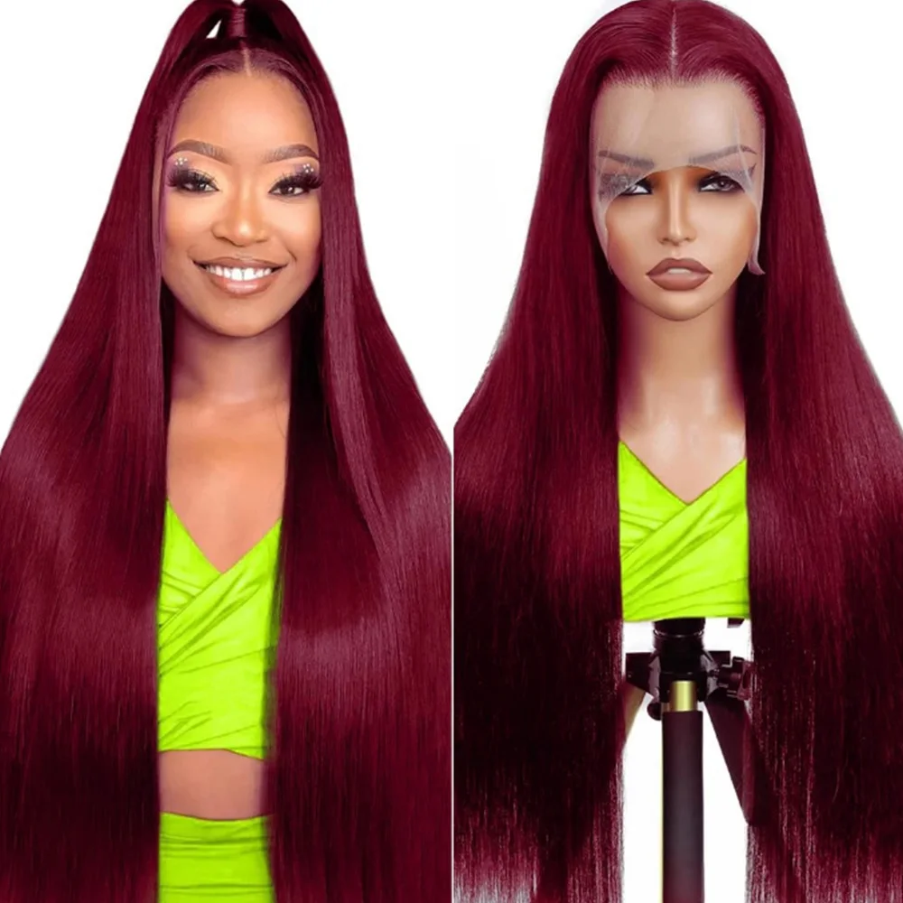 

220 Density 99J Burgundy 13x6 HD Lace Frontal Human Hair Wig Brazilian Red Colored 30 36 Inch Bone Straight 13x4 Lace Front Wigs