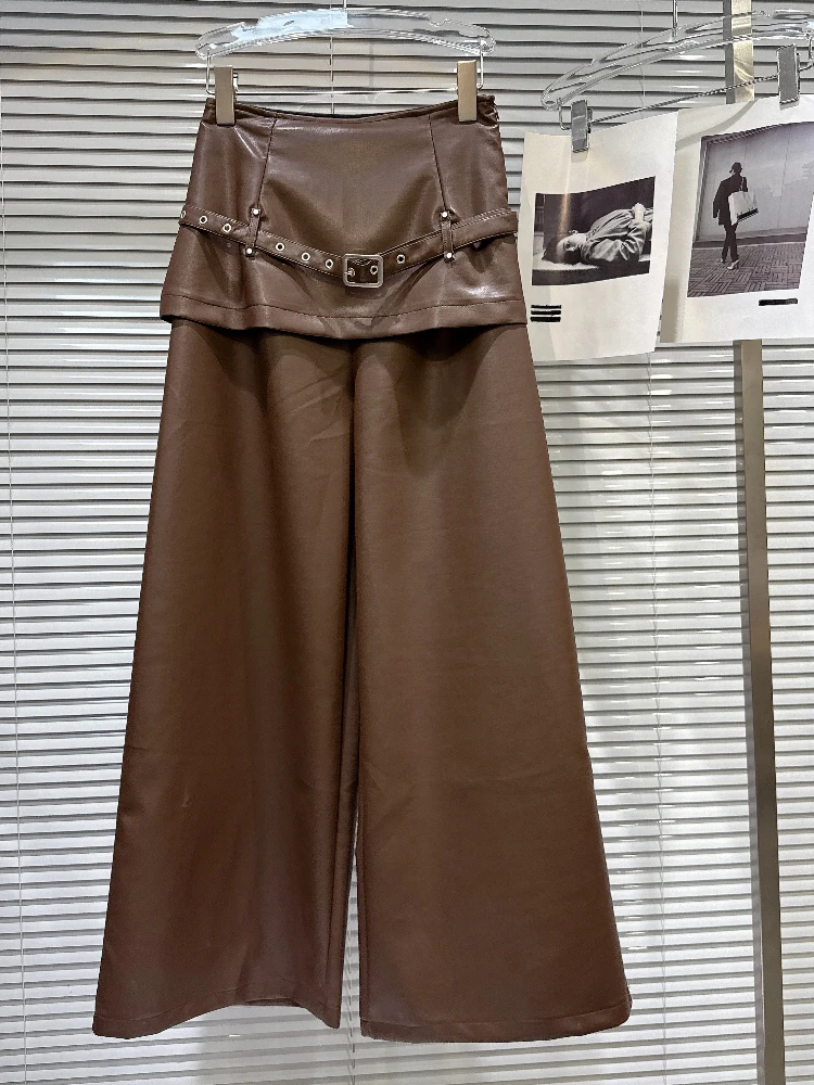 2025 Autumn New Street Style Belted Skirt Fake Two-Piece Wide-Leg Pants Cargo Pants For Women PU Leather Trousers Ladies Trendy