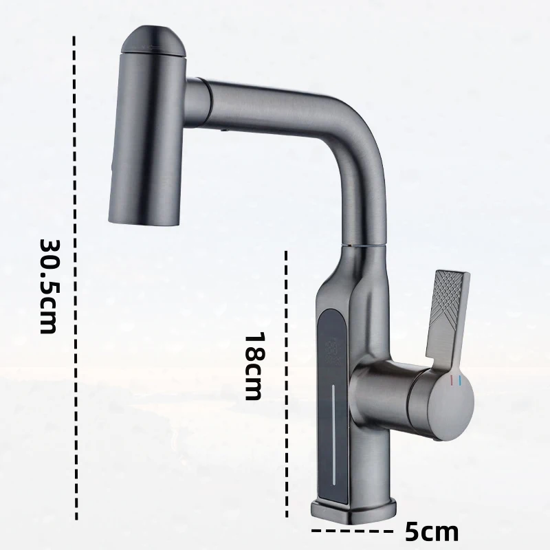 Digital Display 5 Modes Sprayer Pull Out Basin Faucet Mixer Temperature Water Tap Kitchen Faucet Single Hole Sink Tap
