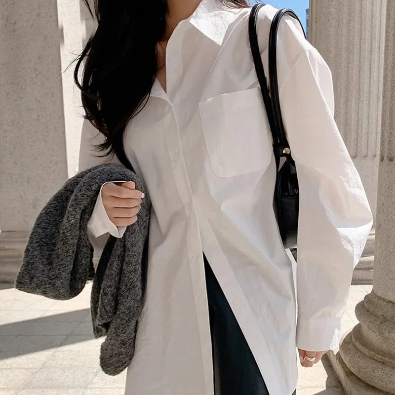 

Elegant White Casual Loose Blouses Fashion New Cotton Long Sleeve Women Shirt Turndown Collar Tops