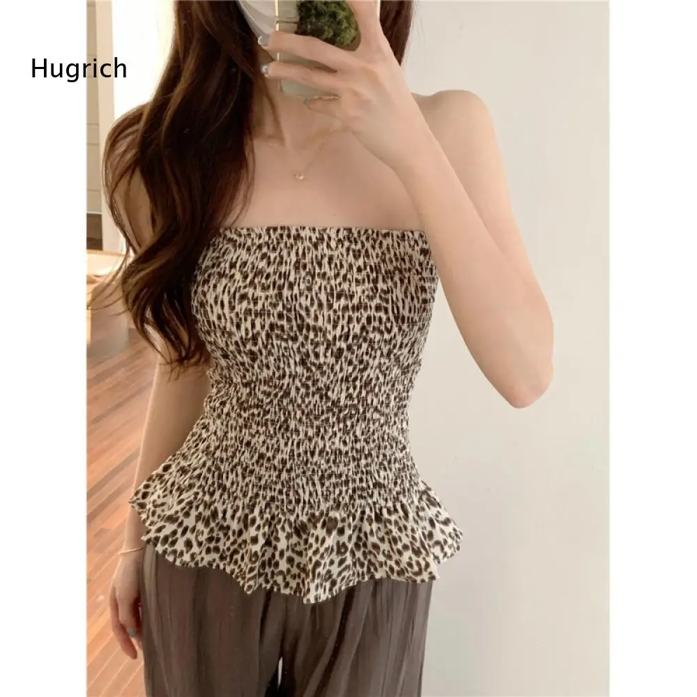 Smocked Elastic Waist Leopard Print Bandeau Top Strapless Ruffle Hem Tube Top For Women Daily Street Casual Activities