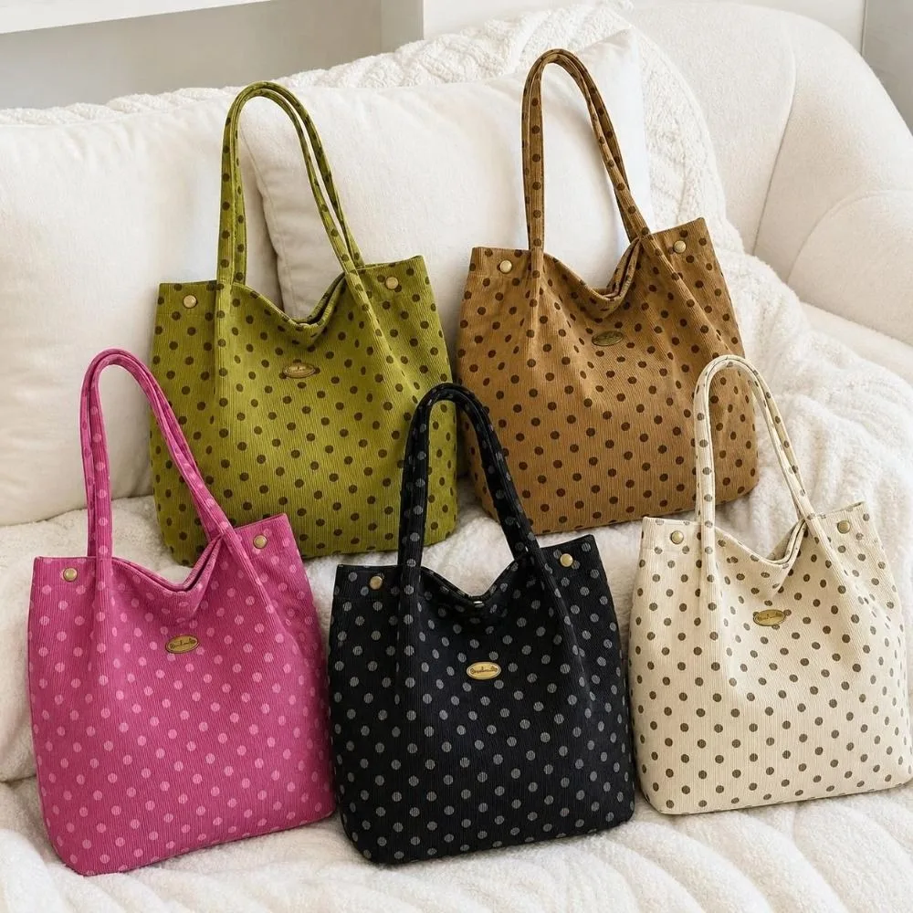 Cute Corduroy Shoulder Bag Polka Dots Retro Tote Handbag Versatile Large Capacity Underarm Bag Woman Commuting Shopping