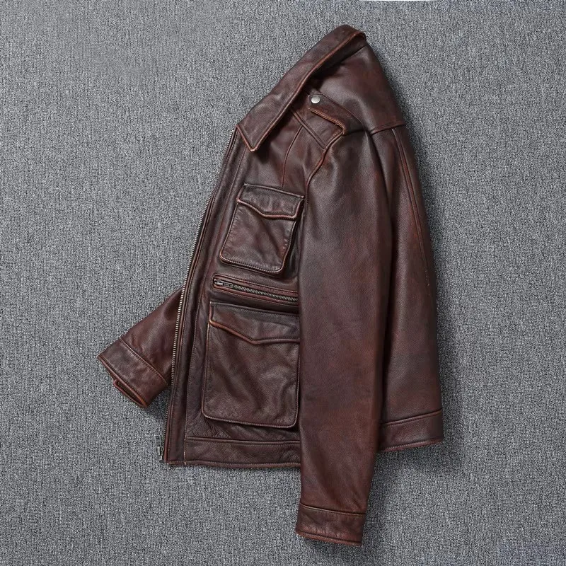 2026 New Style Men's Vintage Lapel leather Jacket Mens Clothes Slim Fit Casual Leather Jackets Classic Coats
