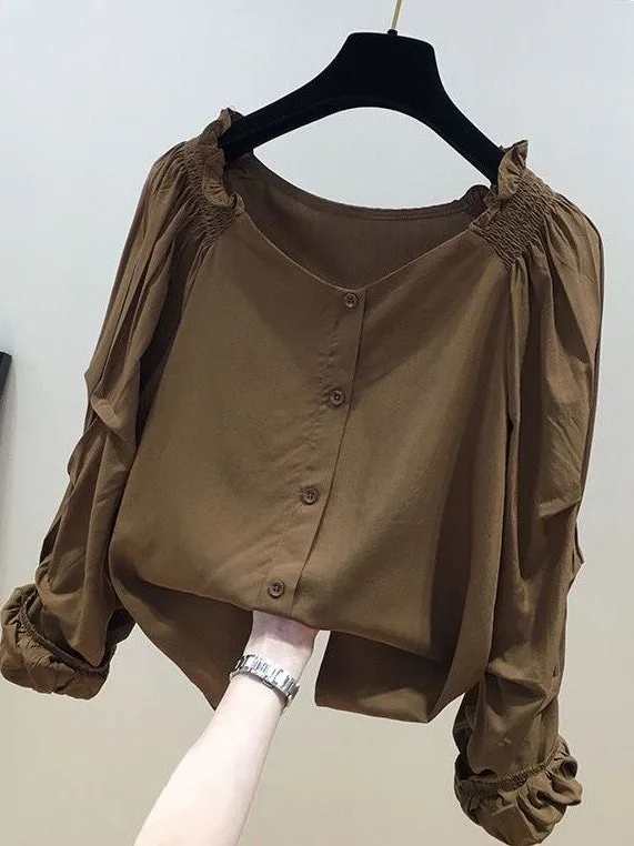 

V-Ne Pure Color Bell Sve Single Button Chiffon irt Women's Autumn 2025 New Korean Sle Commute Slimming Top
