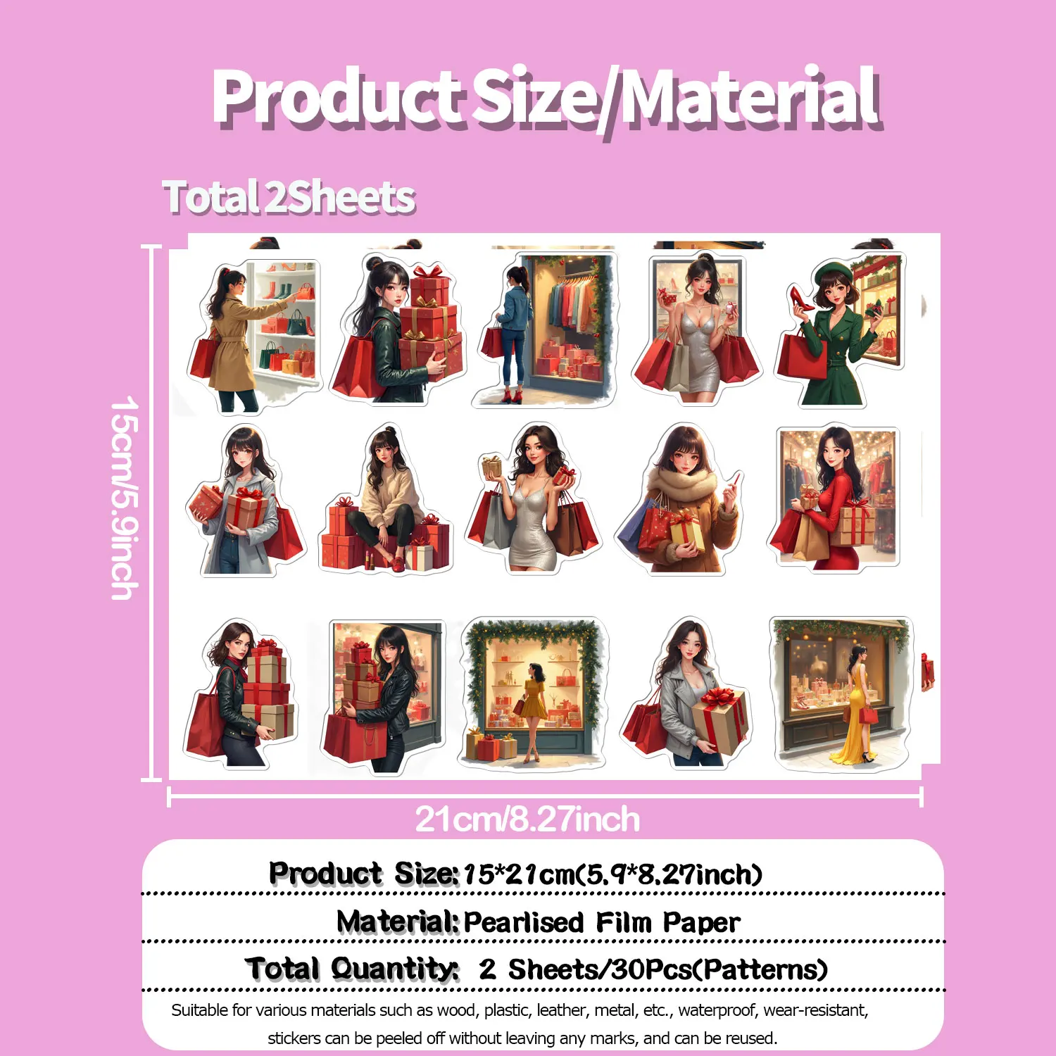 30Pcs Irregular Christmas Shopping Time Lady Waterproof Stickers Reusable No Residue DIY Craft Decoration Scrapbooking Labels