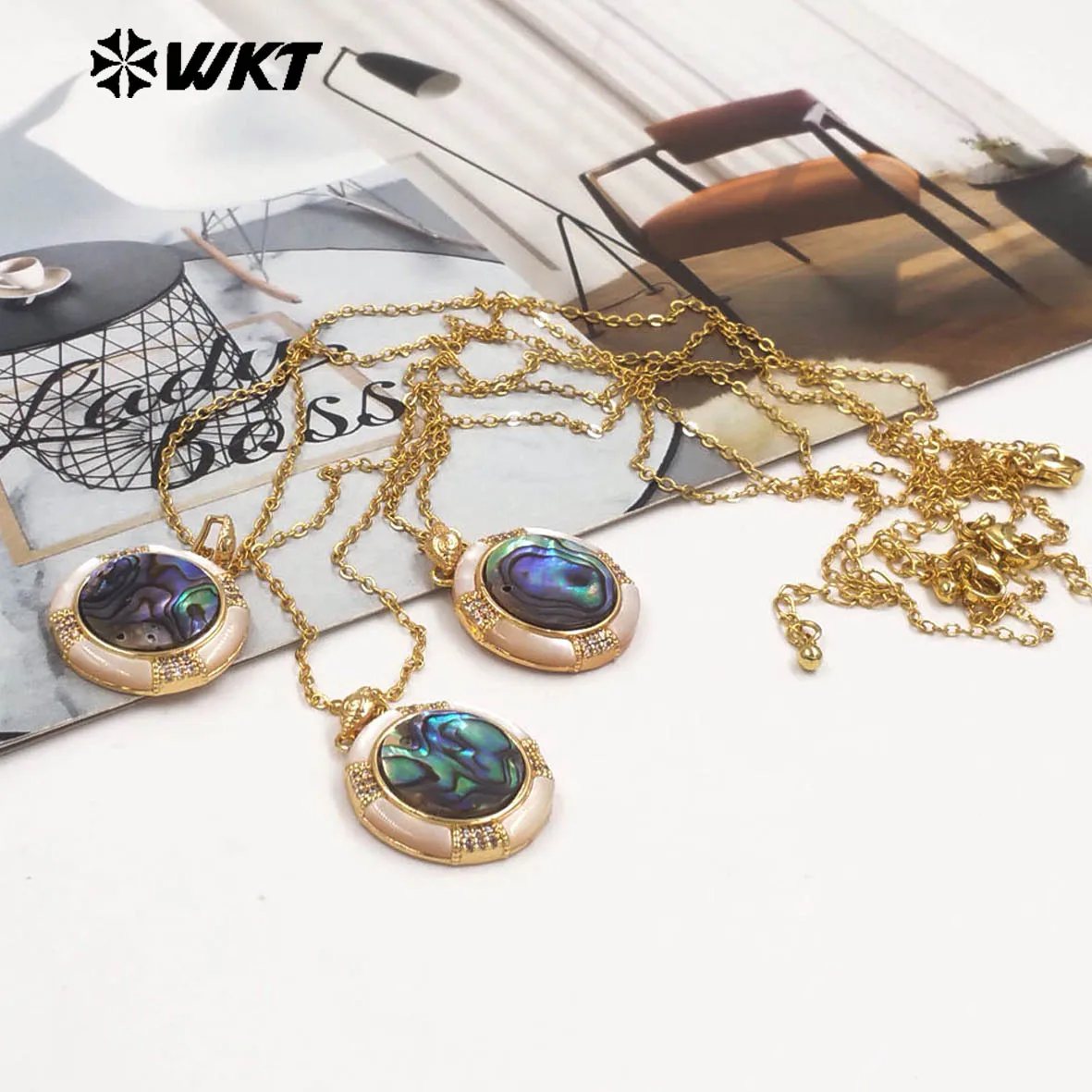 WT-JN358 French-style Natural Abalone Shell Round Shape 18inch Necklace With 18k Real Gold Plated  For Women Birthday Gifts