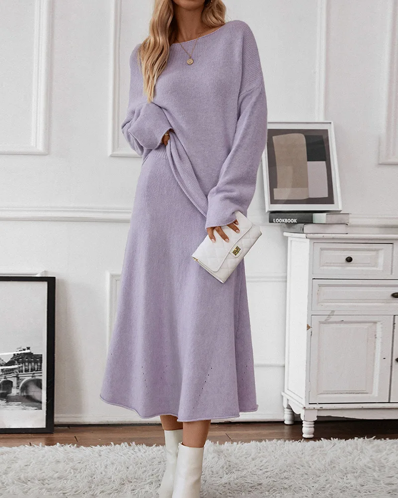 oulder Bared Knitted Sweater And f Skirt Set Women's Faion Ensemble Polyester Fabric Autumn Collection 2023