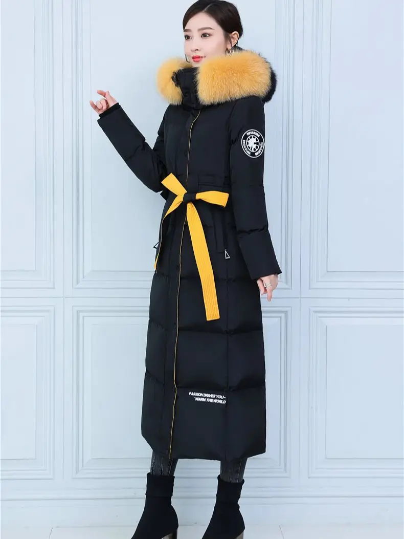 Fit -30℃ Winter 120cm Longer Duck Down Coats Female Hit Color Thicker Warm Fur Coats Real Fox Fur Hooded Parkas With Belt wy337