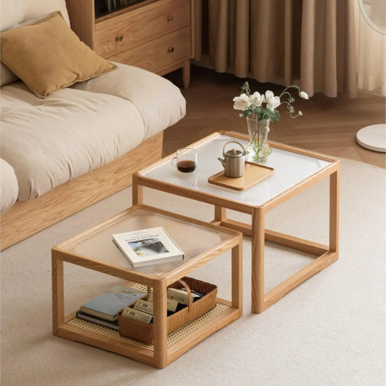 Oak square coffee table, living room wooden side table, rattan coffee table
