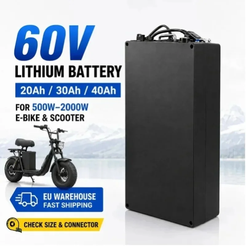 60V Lithium-Akku-Pack 20Ah 30Ah 40Ah für Fat-Tire-Elektro-Scooter E-Bike 500W 1000W 1500W 2000W Wiederaufladbare Stromversorgung mit eingebautem BMS 67,2V 2A Ladegerät Mehrere Kapazitätsoptionen