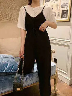 plus Size Women's Summer New Style Loose Fitting Short Sleeve Overalls Two Piece Set High Waist Wide Leg Pants Suit