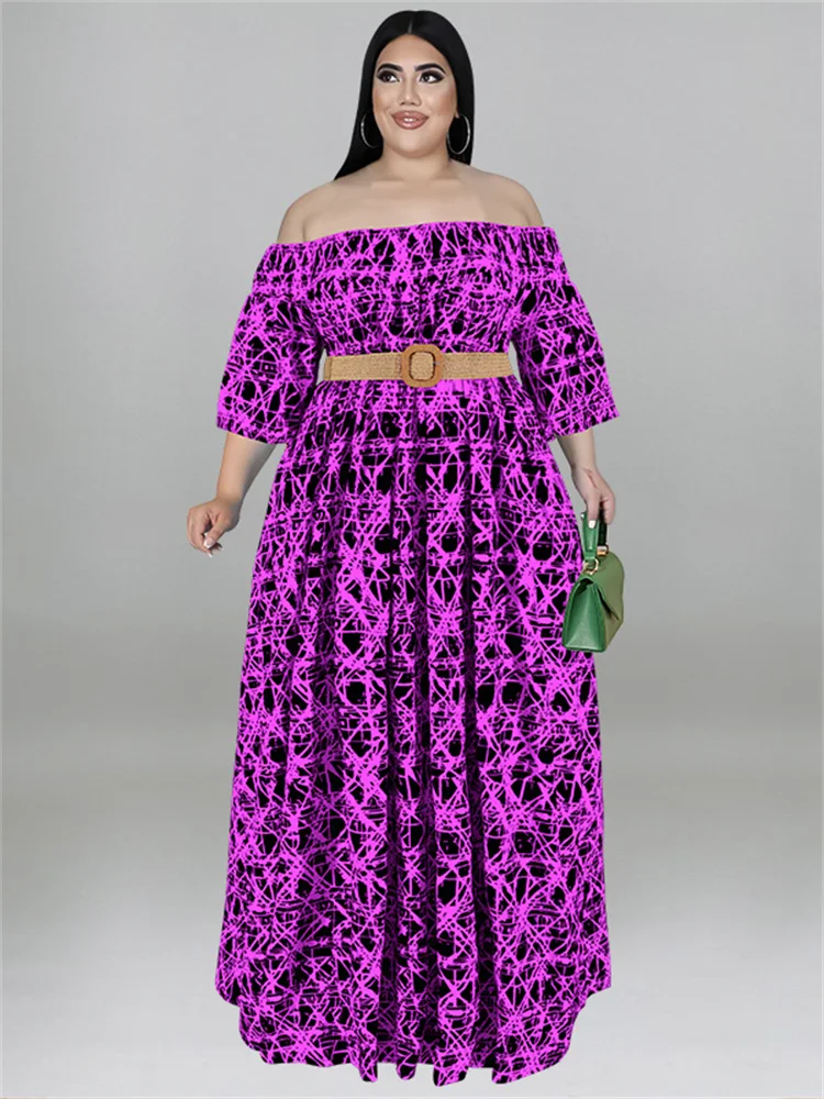 Wmstar Plus Size Dress Women 5xl Off Shoulder Flower Print Elastic Waist Party Pleated Maxi Dress Summer Wholesale Dropshipping