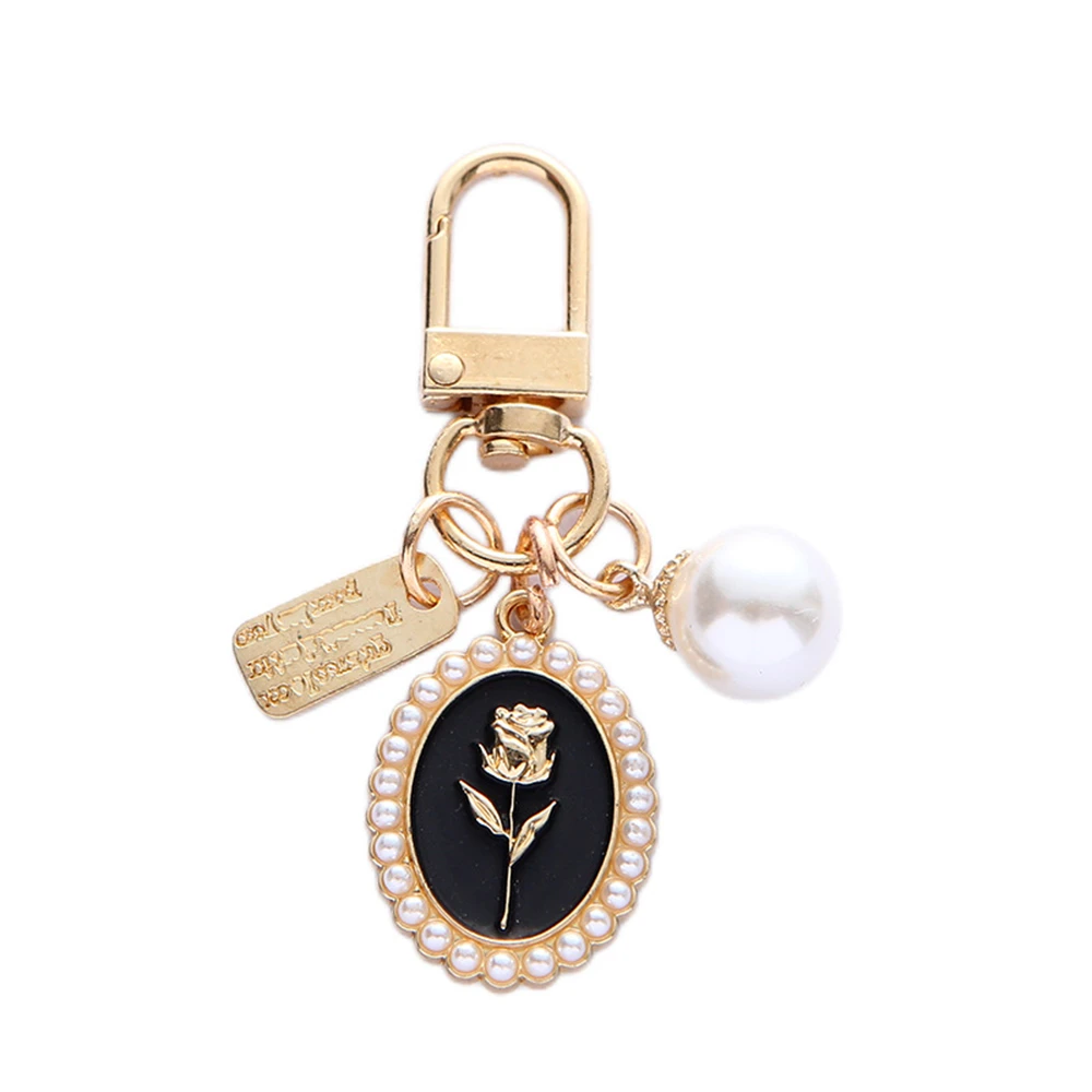 Korean Imitation Pearl Rose Keychain Simple Metal Hangtag Pendant For Women Earphone Phone Charm Bag Key Accessorie Jewelry Gift