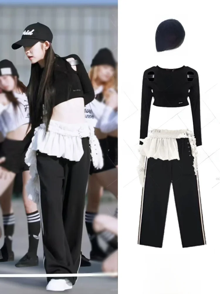 

Black T-Shirt And Sports Pants Set with Ruffle Waist Belt by Redvelvet for Women Cotton Material Traditional Chinese Style
