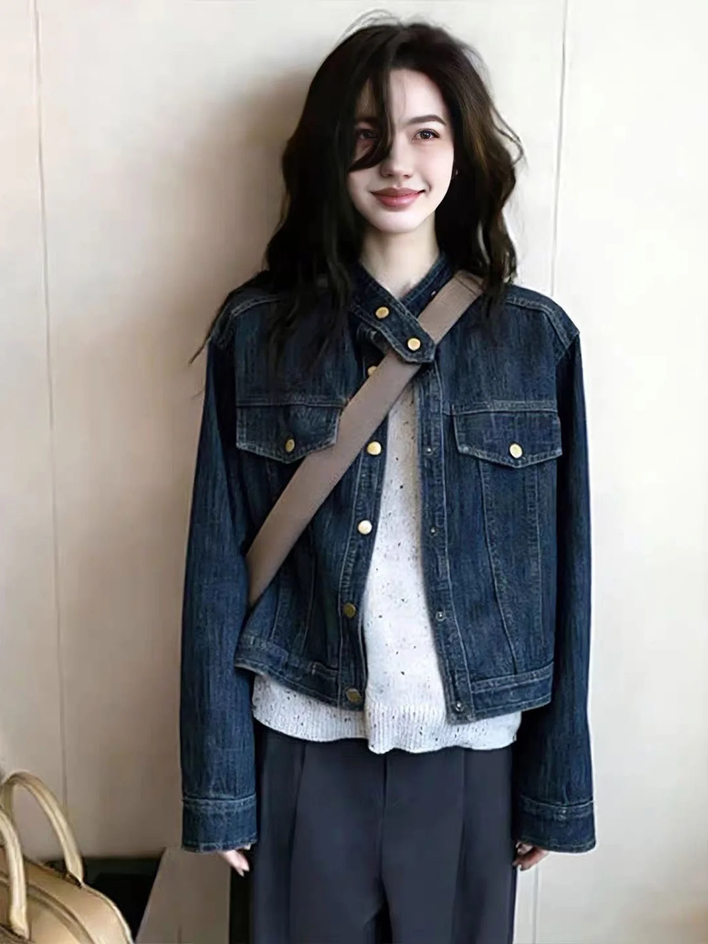 Blue Grey Denim Jacket Women's Fashion Retro Style Standard Fit Long Sleeve Button Pocket Detail Casual Top Age Reversing Trendy