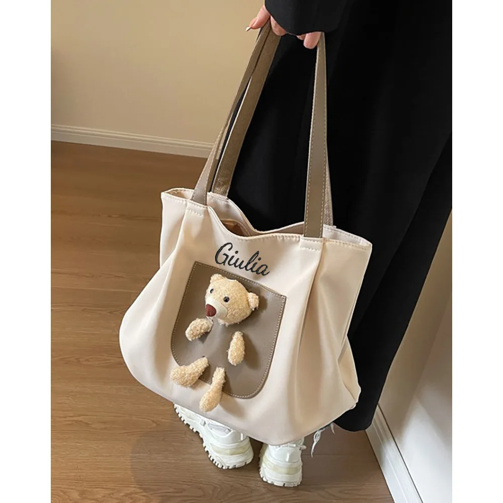 

Large Capacity Customizable Embroidered Bag, Cute Bear Shoulder Bag, Casual Versatile Canvas Bag, Classroom Commuter Tote Bag