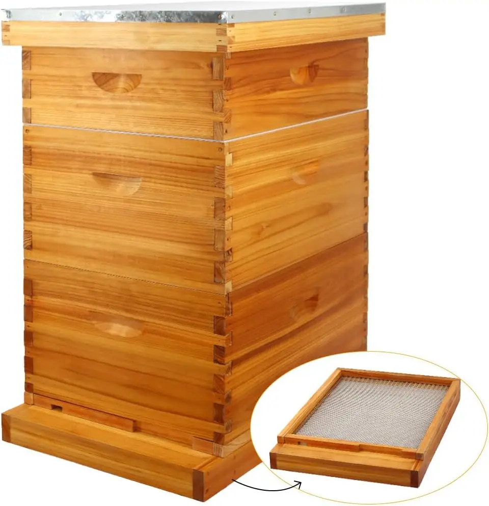 Dipped Beeswax 10 Frame Screened Bottom Board Beehive Kit Bee Hives 2 Deep 1 Medium Beehive Frames Heavy Wax Coated Foundations